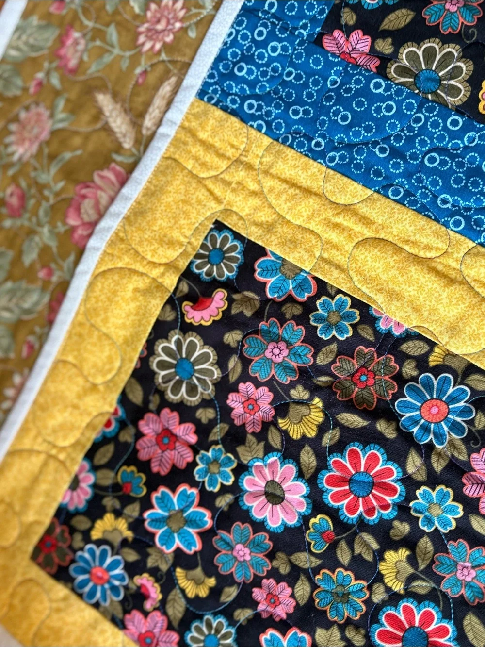 Handmade Floral Patchwork Quilt Blue Yellow Home Bedding Cottagecore Shabby Chic
